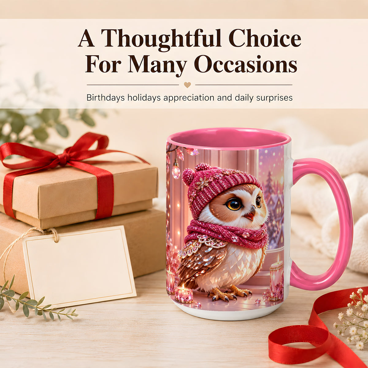#pl[15oz|Pink] Pink Winter Owl Coffee Mug, Cozy Owl Mug, Crystal Style Ceramic Cup