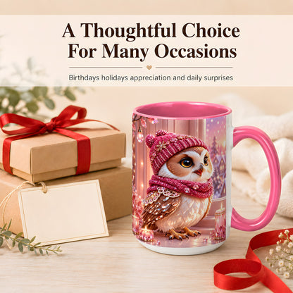 #pl[15oz|Pink] Pink Winter Owl Coffee Mug, Cozy Owl Mug, Crystal Style Ceramic Cup