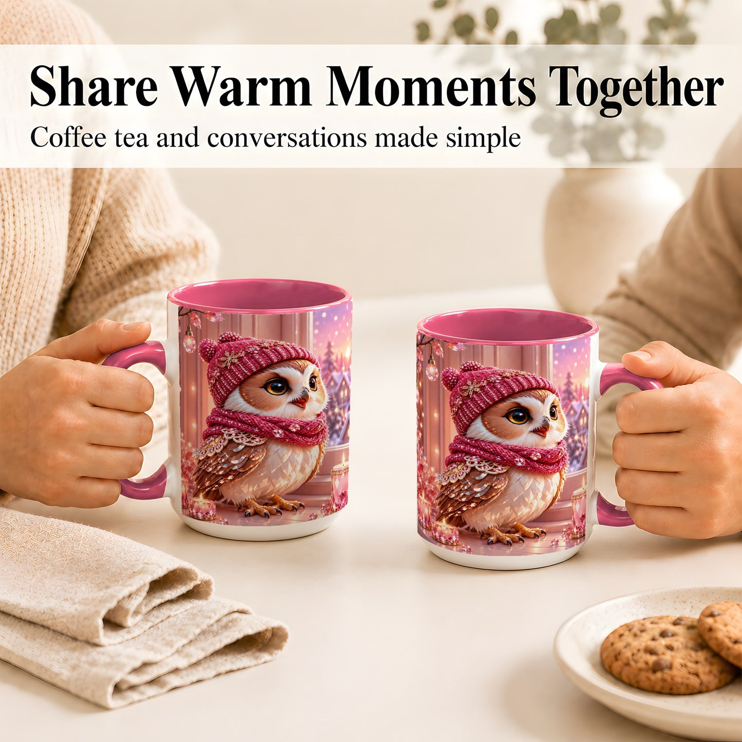 #pl[15oz|Pink] Pink Winter Owl Coffee Mug, Cozy Owl Mug, Crystal Style Ceramic Cup