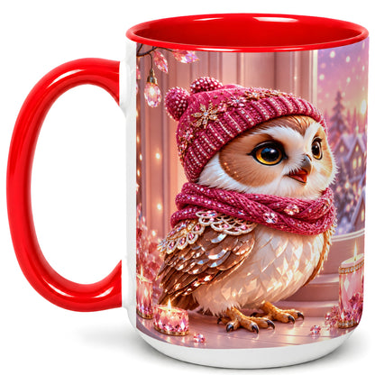 #pl[15oz|Red] Pink Winter Owl Coffee Mug, Cozy Owl Mug, Crystal Style Ceramic Cup