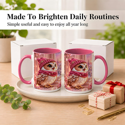 #pl[15oz|Pink] Pink Winter Owl Coffee Mug, Cozy Owl Mug, Crystal Style Ceramic Cup