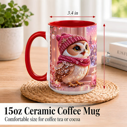 #pl[15oz|Red] Pink Winter Owl Coffee Mug, Cozy Owl Mug, Crystal Style Ceramic Cup