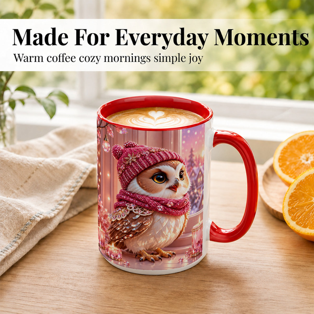 #pl[15oz|Red] Pink Winter Owl Coffee Mug, Cozy Owl Mug, Crystal Style Ceramic Cup