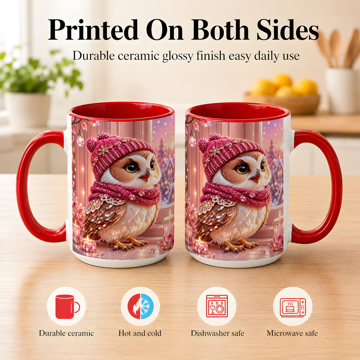 #pl[15oz|Red] Pink Winter Owl Coffee Mug, Cozy Owl Mug, Crystal Style Ceramic Cup