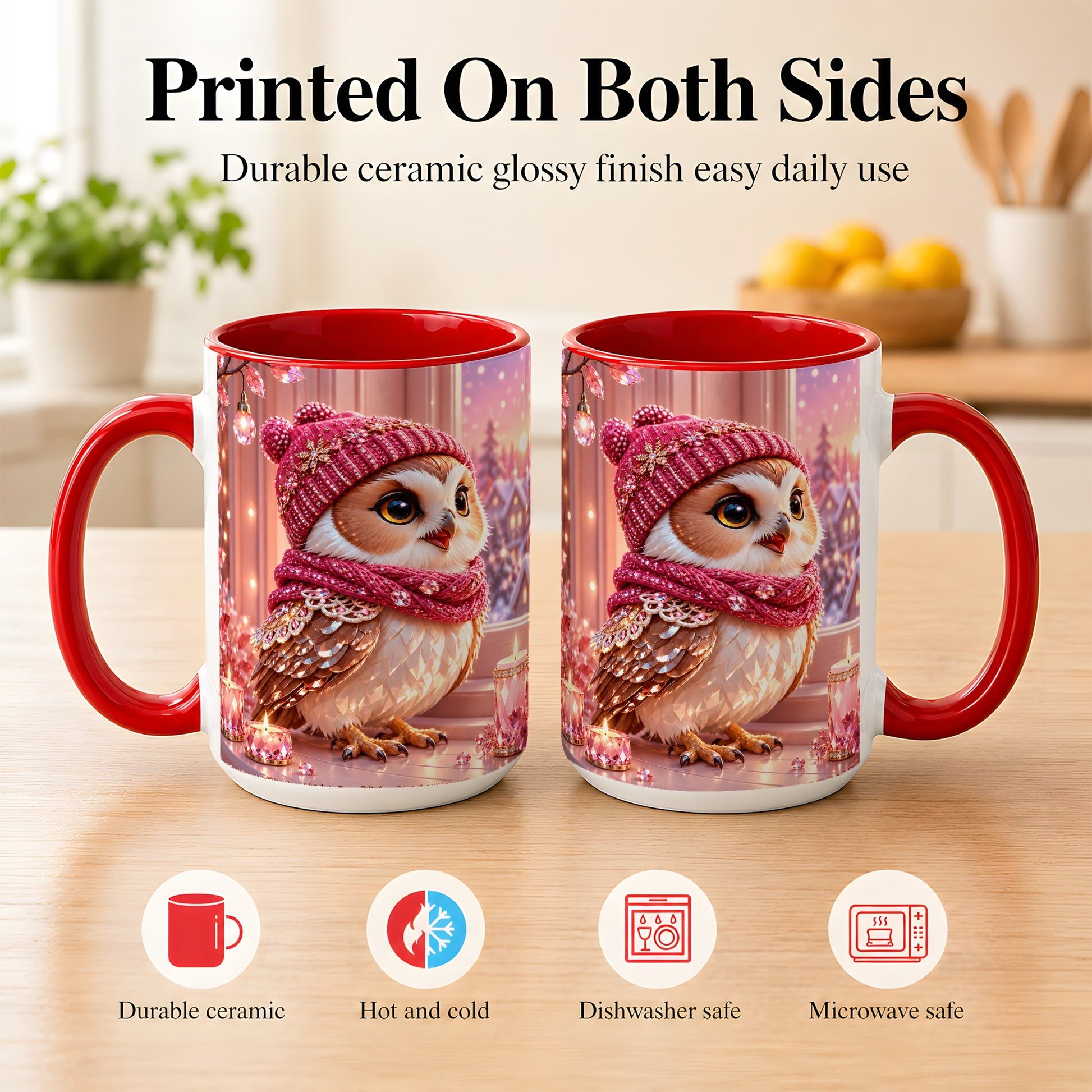 #pl[15oz|Red] Pink Winter Owl Coffee Mug, Cozy Owl Mug, Crystal Style Ceramic Cup