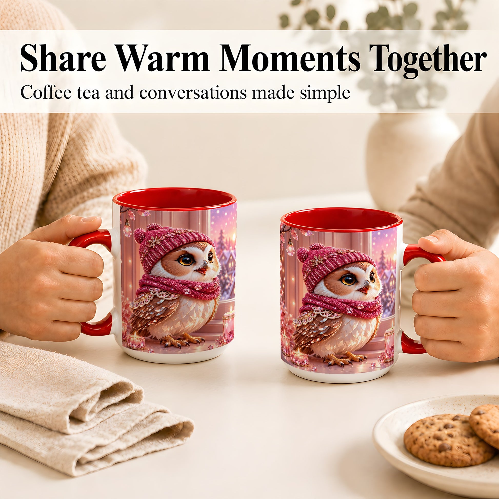 #pl[15oz|Red] Pink Winter Owl Coffee Mug, Cozy Owl Mug, Crystal Style Ceramic Cup