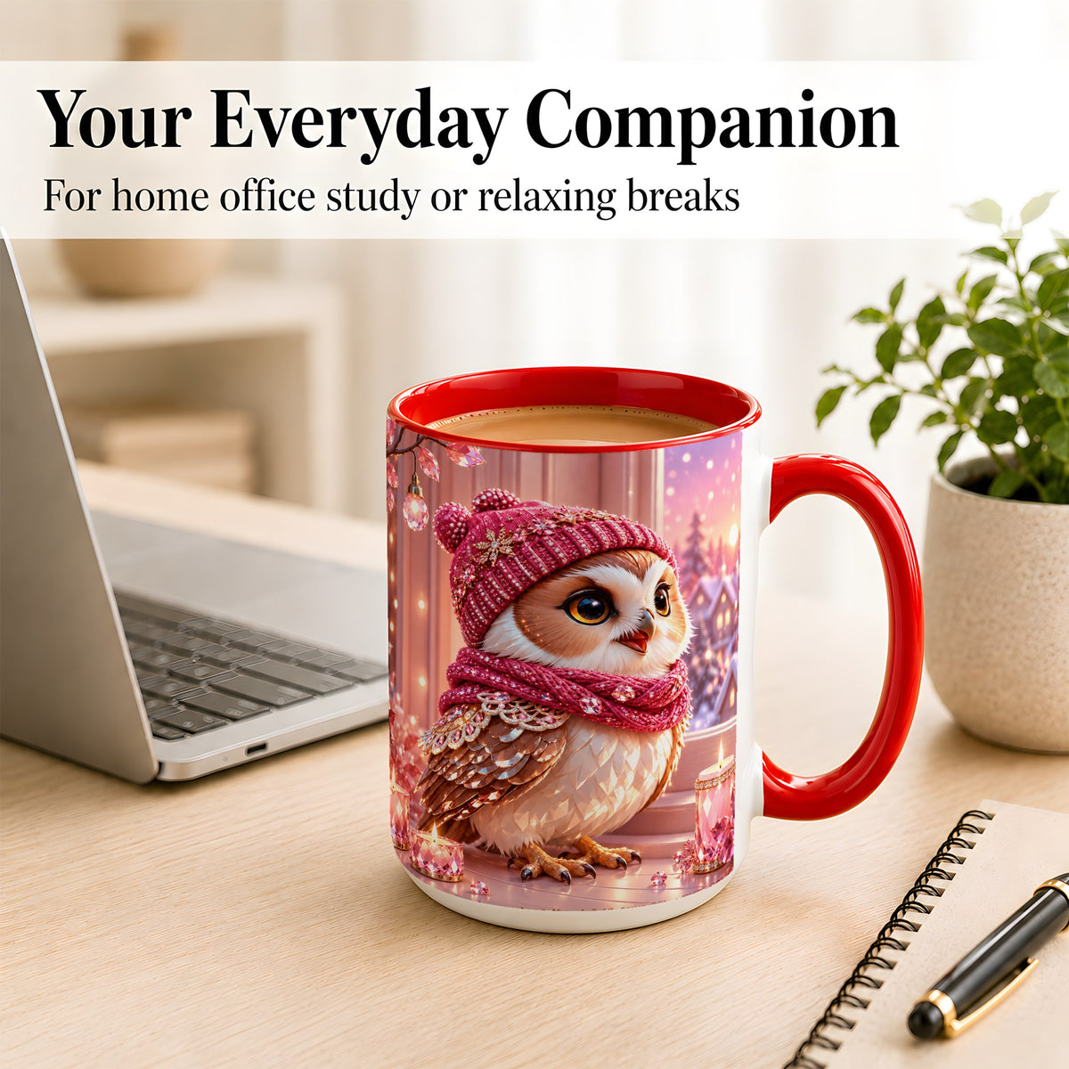 #pl[15oz|Red] Pink Winter Owl Coffee Mug, Cozy Owl Mug, Crystal Style Ceramic Cup