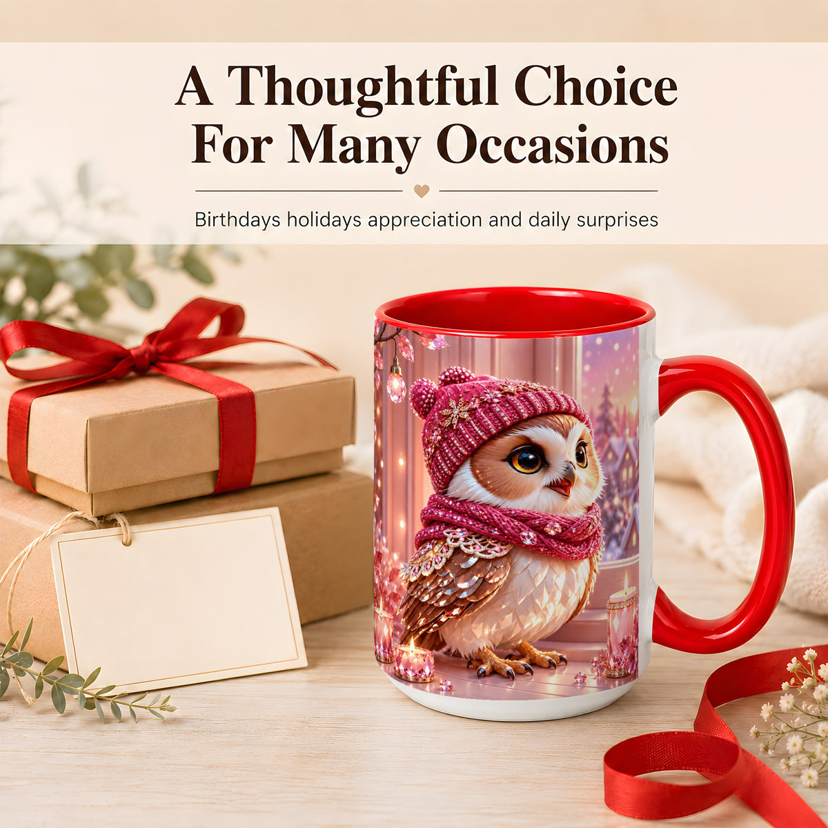 #pl[15oz|Red] Pink Winter Owl Coffee Mug, Cozy Owl Mug, Crystal Style Ceramic Cup