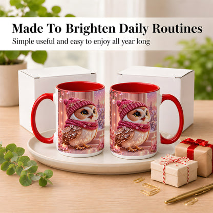 #pl[15oz|Red] Pink Winter Owl Coffee Mug, Cozy Owl Mug, Crystal Style Ceramic Cup