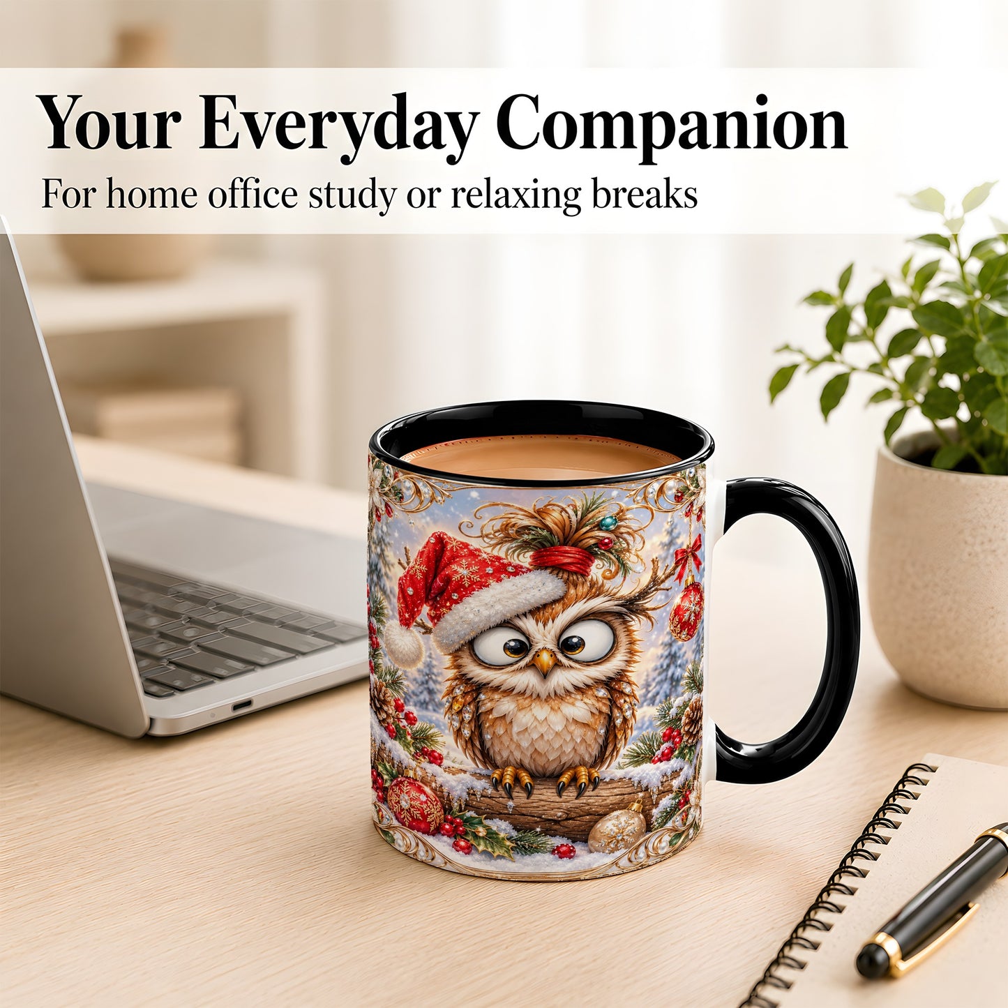 #pl[11oz|Black] Christmas Owl Coffee Mug, Santa Hat Owl Mug, Ceramic Cup