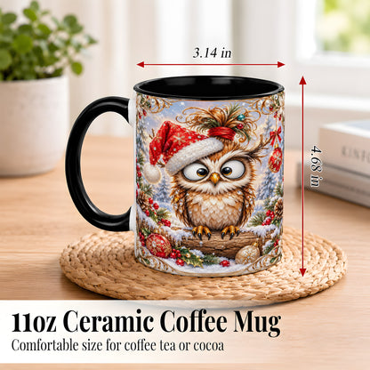 #pl[11oz|Black] Christmas Owl Coffee Mug, Santa Hat Owl Mug, Ceramic Cup