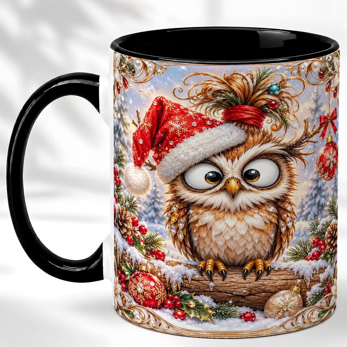 #pl[11oz|Black] Christmas Owl Coffee Mug, Santa Hat Owl Mug, Ceramic Cup