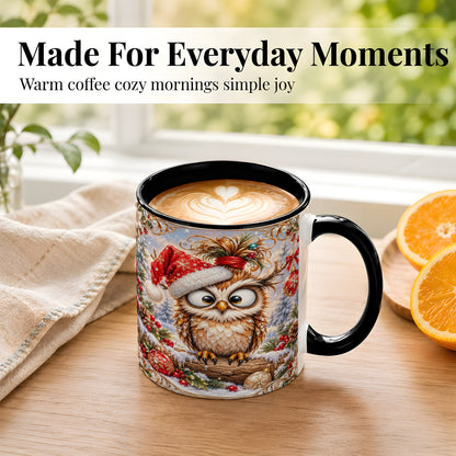 #pl[11oz|Black] Christmas Owl Coffee Mug, Santa Hat Owl Mug, Ceramic Cup