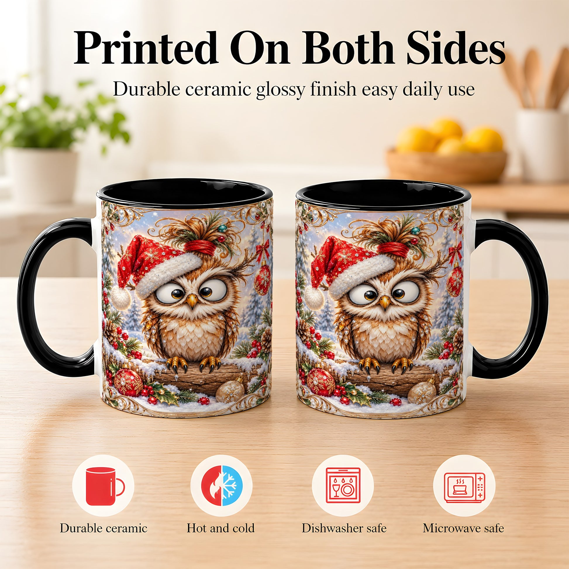 #pl[11oz|Black] Christmas Owl Coffee Mug, Santa Hat Owl Mug, Ceramic Cup