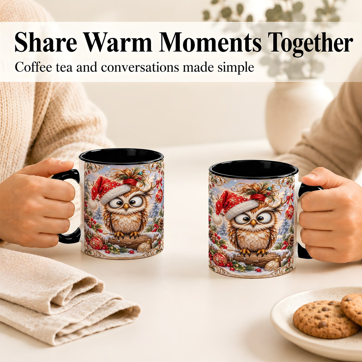 #pl[11oz|Black] Christmas Owl Coffee Mug, Santa Hat Owl Mug, Ceramic Cup