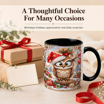 #pl[11oz|Black] Christmas Owl Coffee Mug, Santa Hat Owl Mug, Ceramic Cup