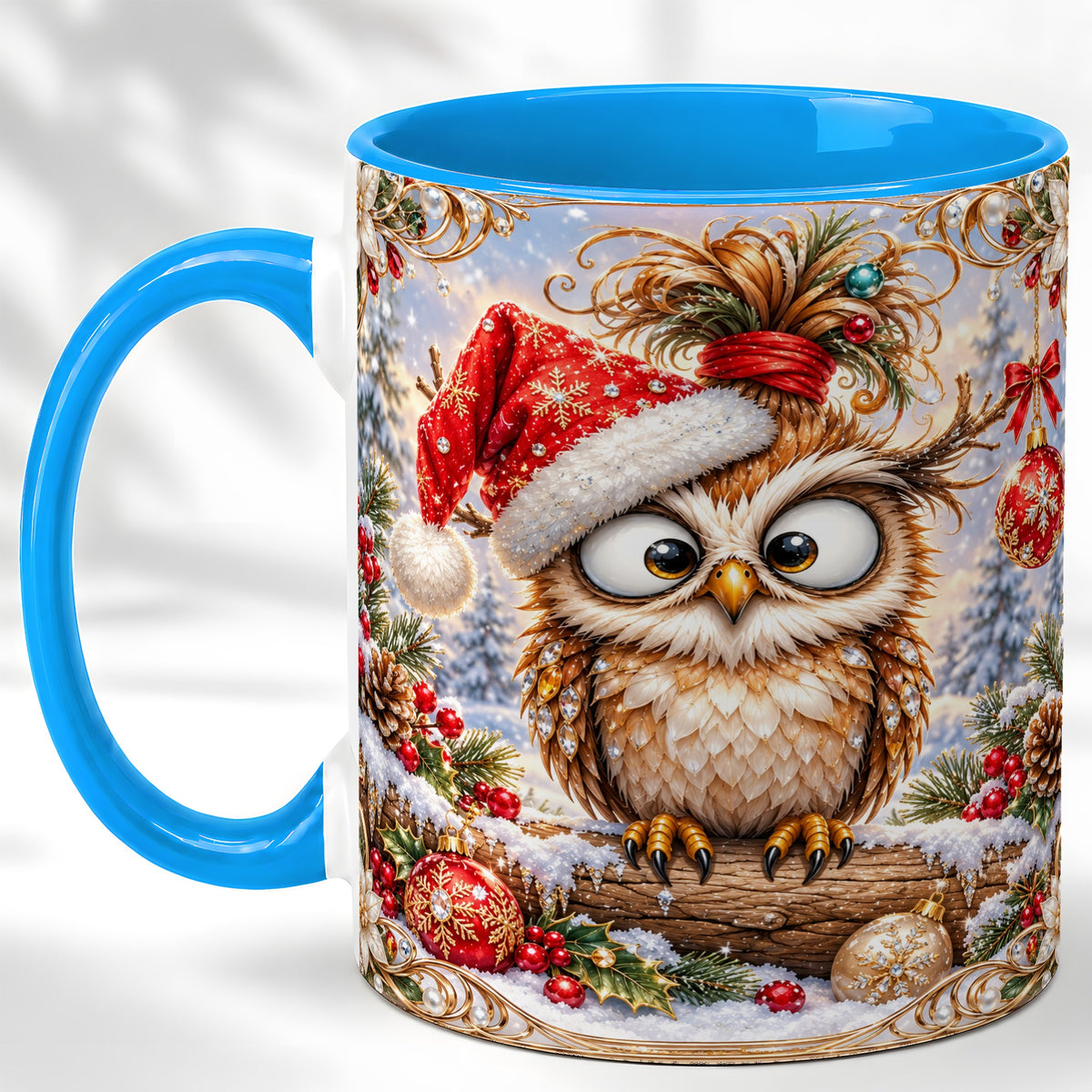 #pl[11oz|Blue] Christmas Owl Coffee Mug, Santa Hat Owl Mug, Ceramic Cup