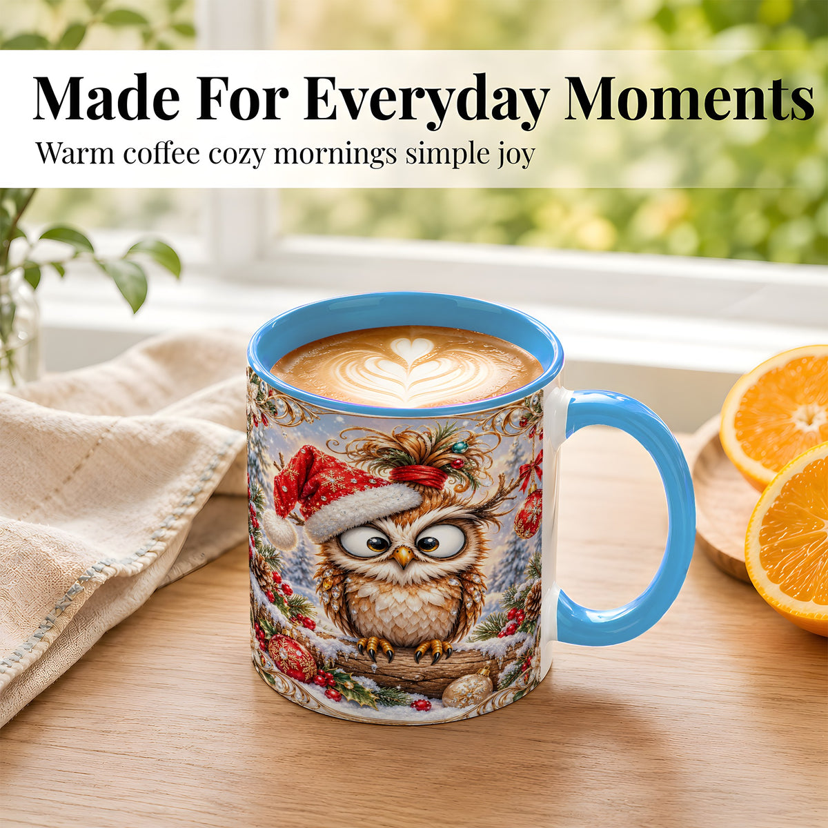 #pl[11oz|Blue] Christmas Owl Coffee Mug, Santa Hat Owl Mug, Ceramic Cup