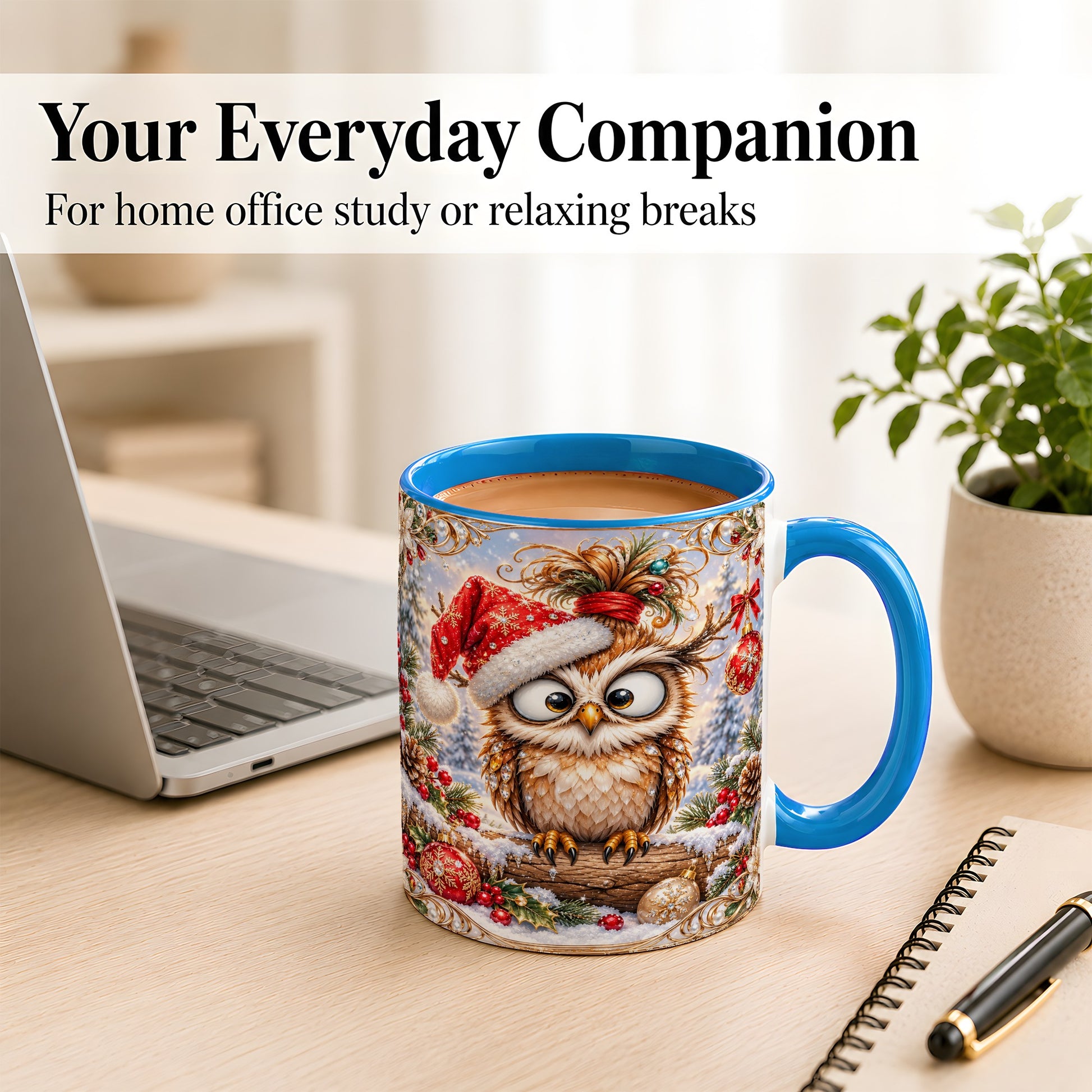 #pl[11oz|Blue] Christmas Owl Coffee Mug, Santa Hat Owl Mug, Ceramic Cup