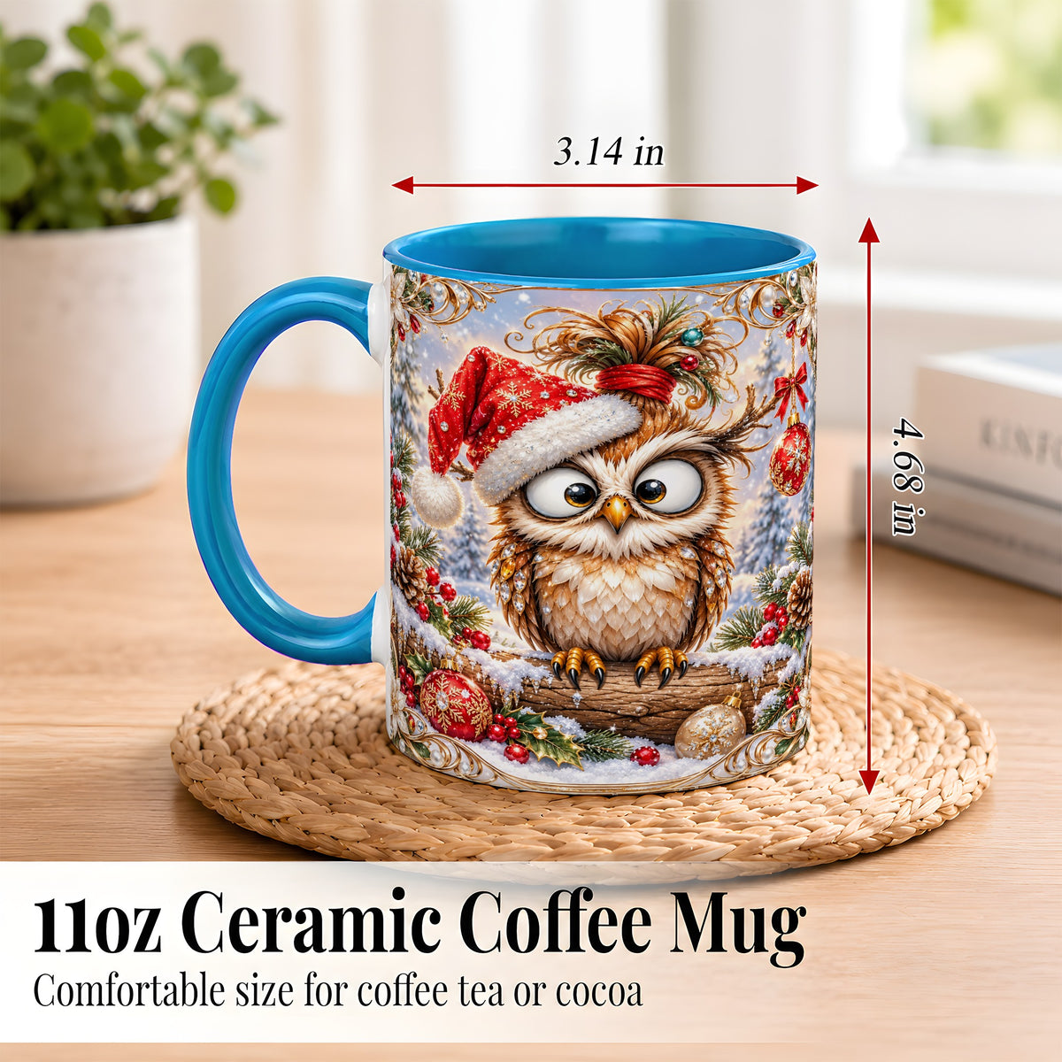 #pl[11oz|Blue] Christmas Owl Coffee Mug, Santa Hat Owl Mug, Ceramic Cup