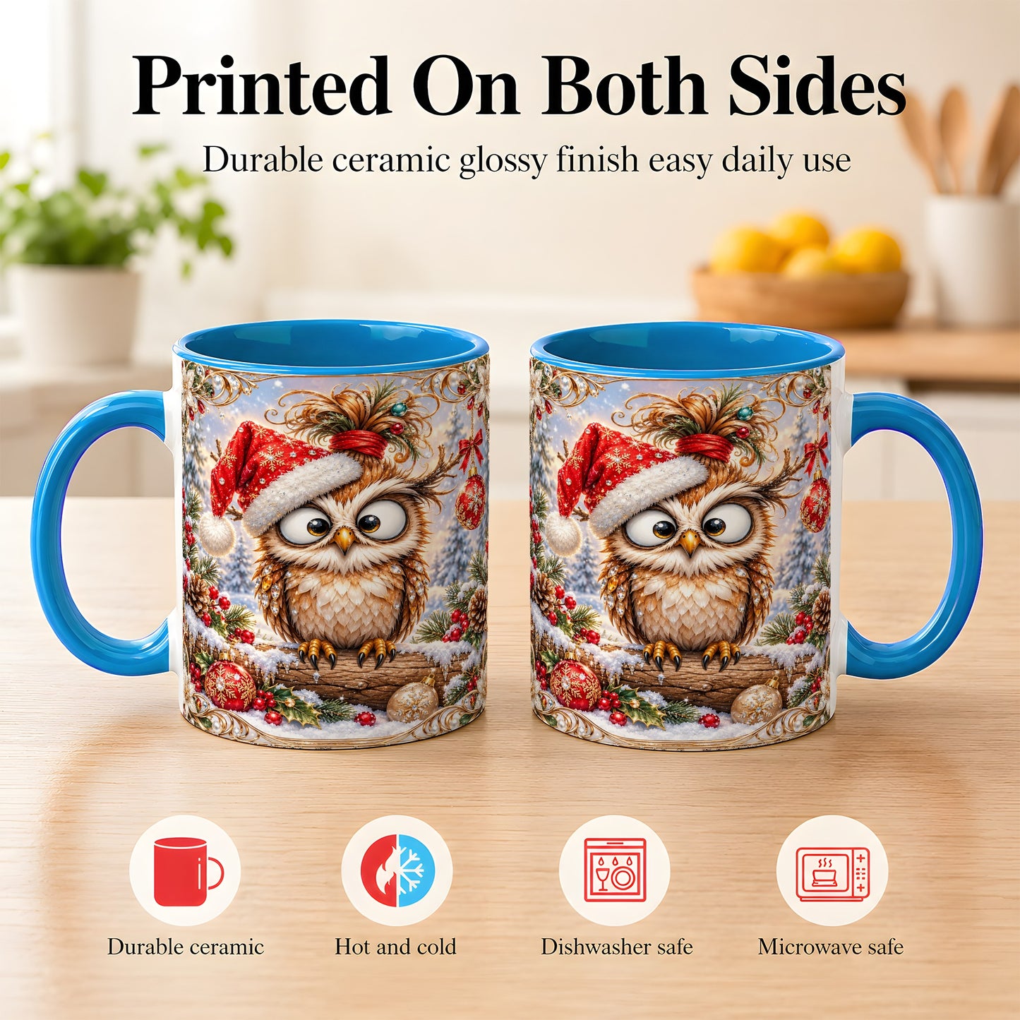 #pl[11oz|Blue] Christmas Owl Coffee Mug, Santa Hat Owl Mug, Ceramic Cup