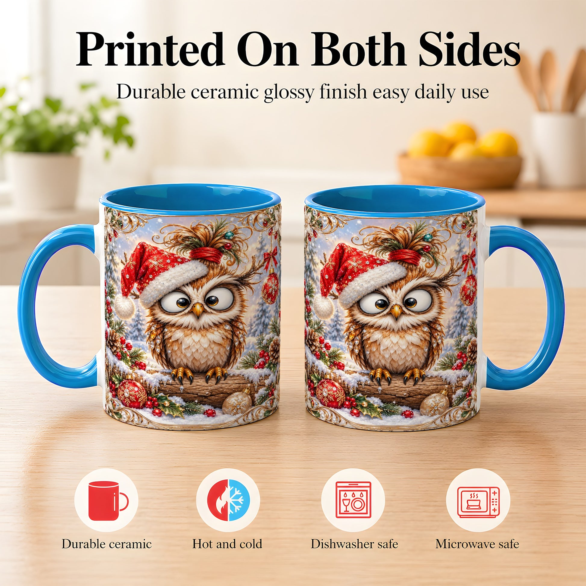 #pl[11oz|Blue] Christmas Owl Coffee Mug, Santa Hat Owl Mug, Ceramic Cup