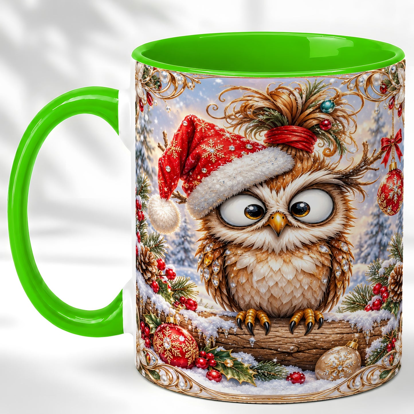 #pl[11oz|Green] Christmas Owl Coffee Mug, Santa Hat Owl Mug, Ceramic Cup