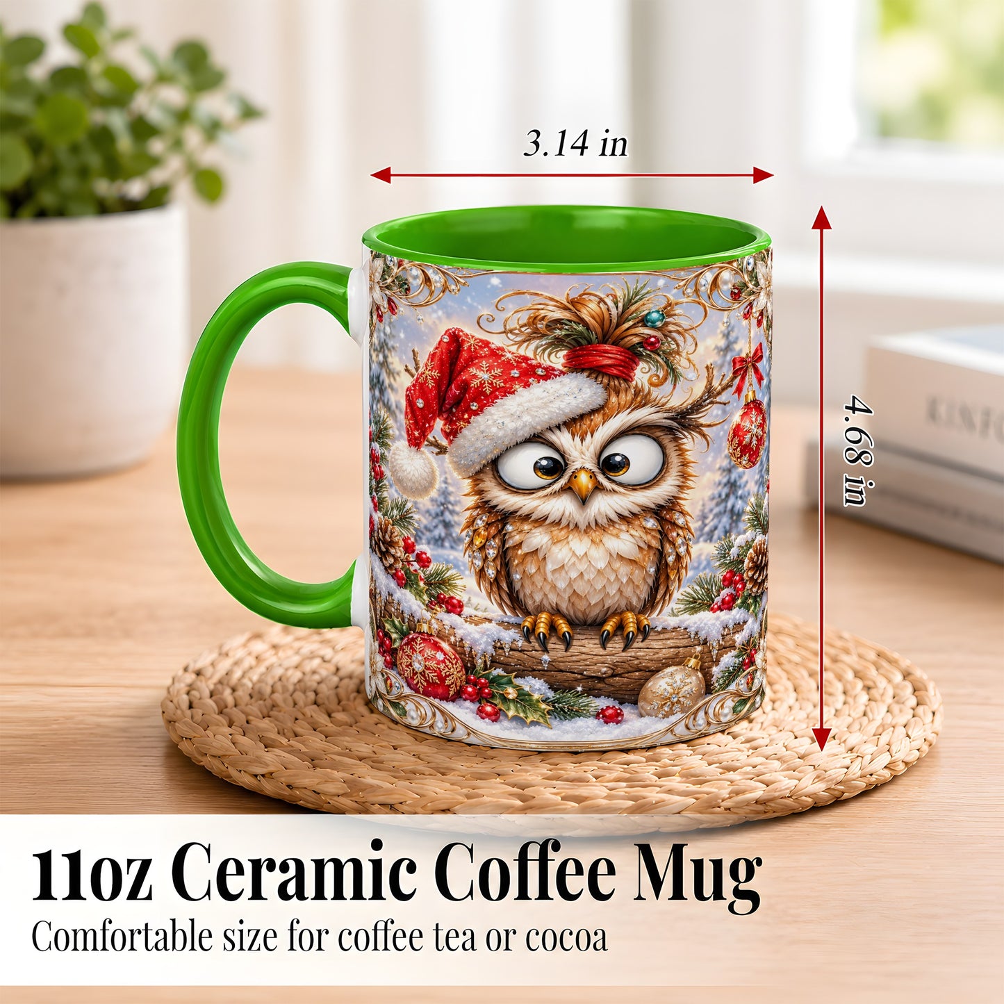 #pl[11oz|Green] Christmas Owl Coffee Mug, Santa Hat Owl Mug, Ceramic Cup