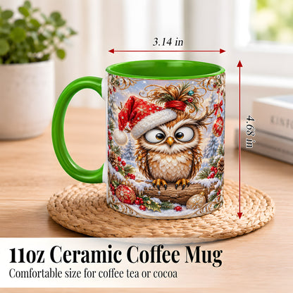 #pl[11oz|Green] Christmas Owl Coffee Mug, Santa Hat Owl Mug, Ceramic Cup