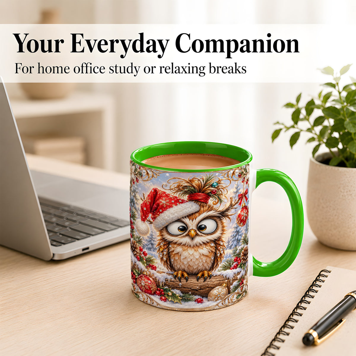 #pl[11oz|Green] Christmas Owl Coffee Mug, Santa Hat Owl Mug, Ceramic Cup