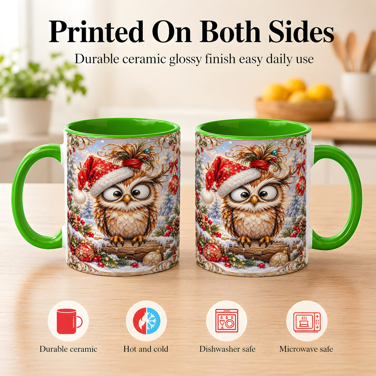 #pl[11oz|Green] Christmas Owl Coffee Mug, Santa Hat Owl Mug, Ceramic Cup