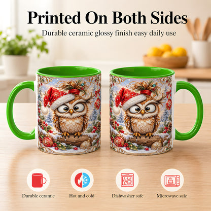 #pl[11oz|Green] Christmas Owl Coffee Mug, Santa Hat Owl Mug, Ceramic Cup