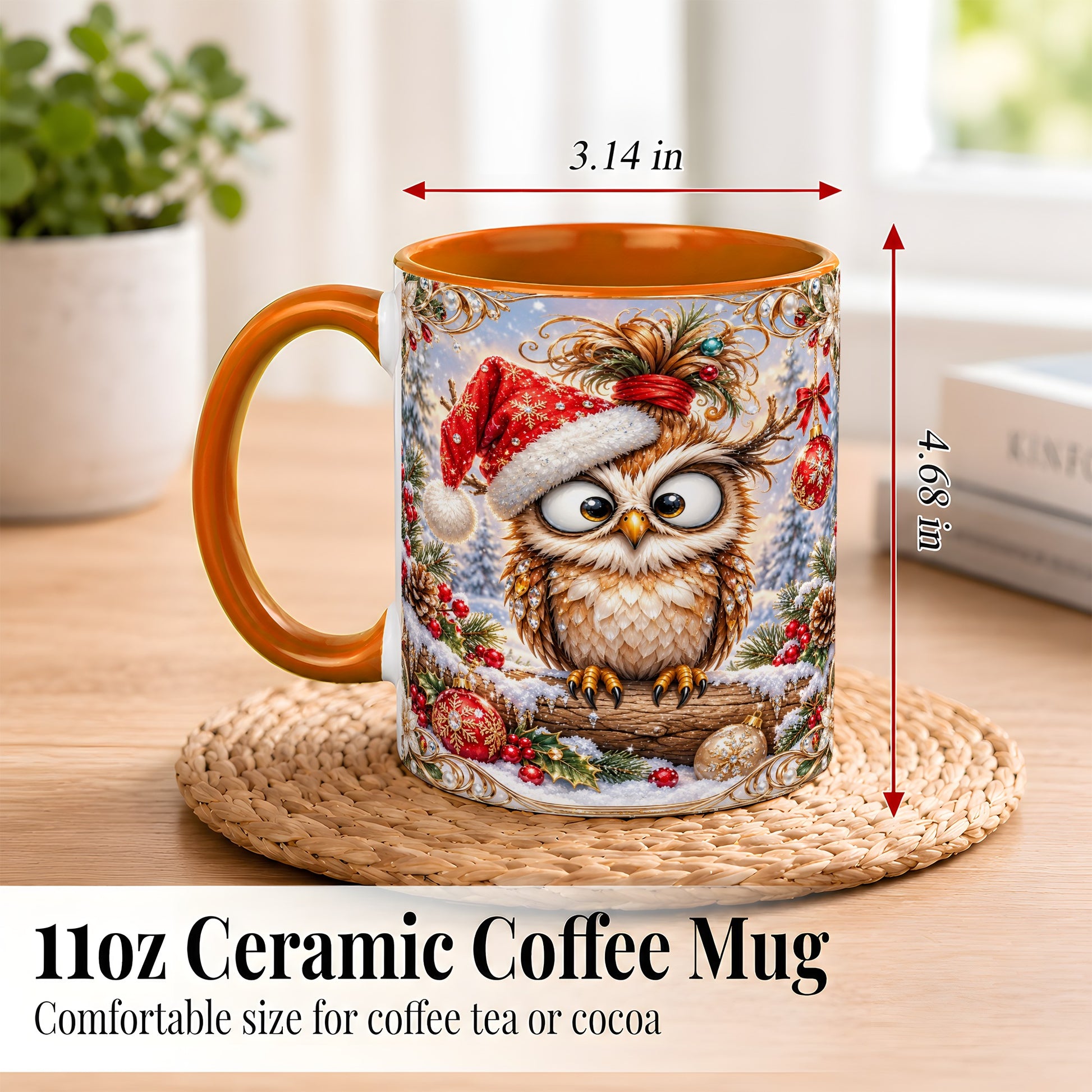 #pl[11oz|Orange] Christmas Owl Coffee Mug, Santa Hat Owl Mug, Ceramic Cup