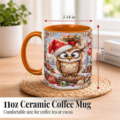 #pl[11oz|Orange] Christmas Owl Coffee Mug, Santa Hat Owl Mug, Ceramic Cup