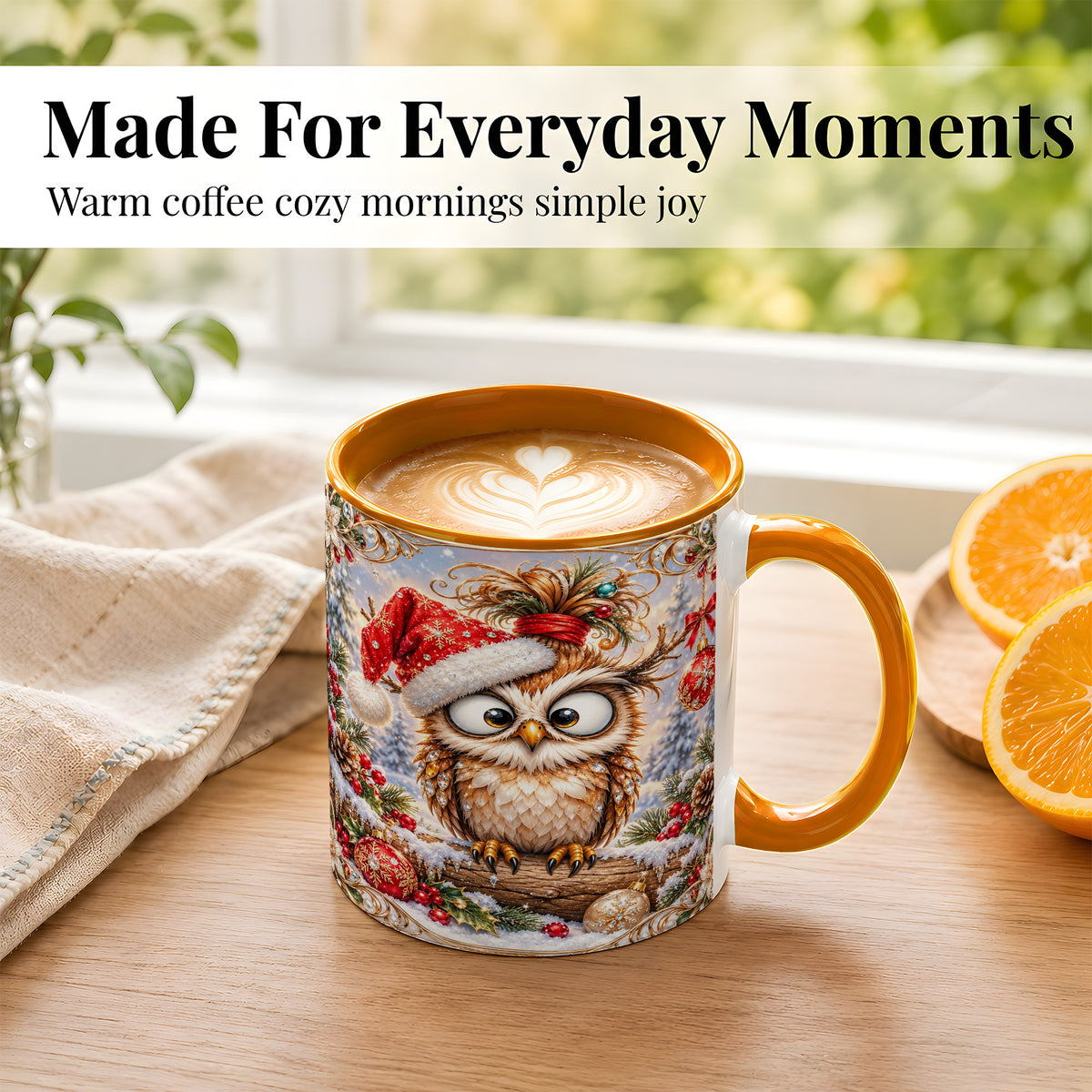 #pl[11oz|Orange] Christmas Owl Coffee Mug, Santa Hat Owl Mug, Ceramic Cup
