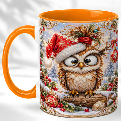 #pl[11oz|Orange] Christmas Owl Coffee Mug, Santa Hat Owl Mug, Ceramic Cup