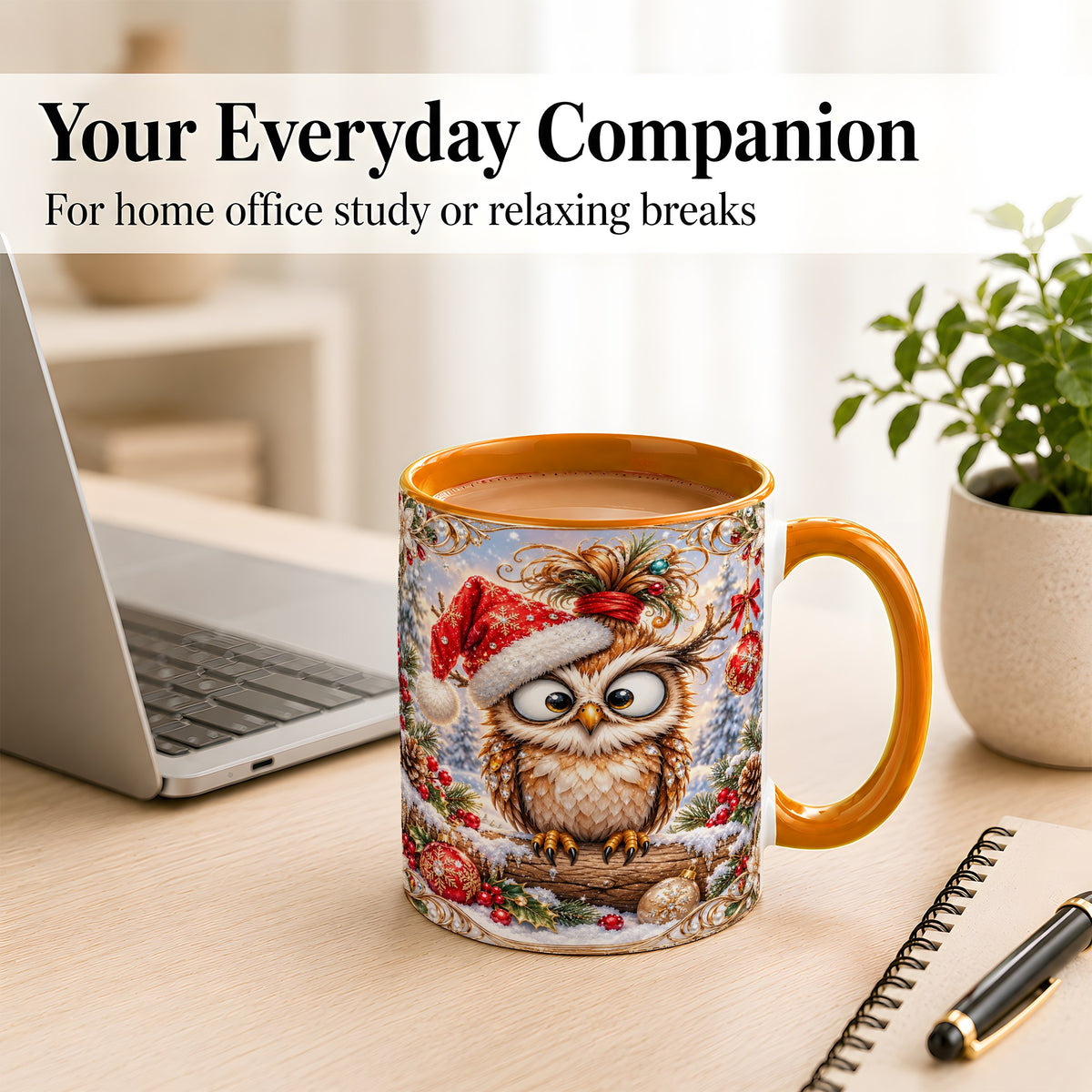 #pl[11oz|Orange] Christmas Owl Coffee Mug, Santa Hat Owl Mug, Ceramic Cup