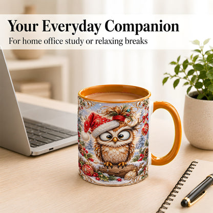 #pl[11oz|Orange] Christmas Owl Coffee Mug, Santa Hat Owl Mug, Ceramic Cup