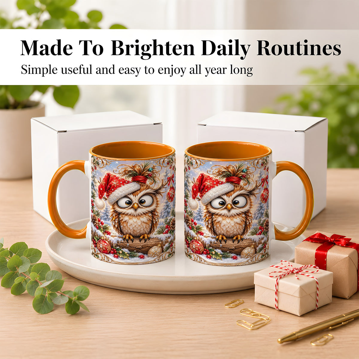 #pl[11oz|Orange] Christmas Owl Coffee Mug, Santa Hat Owl Mug, Ceramic Cup
