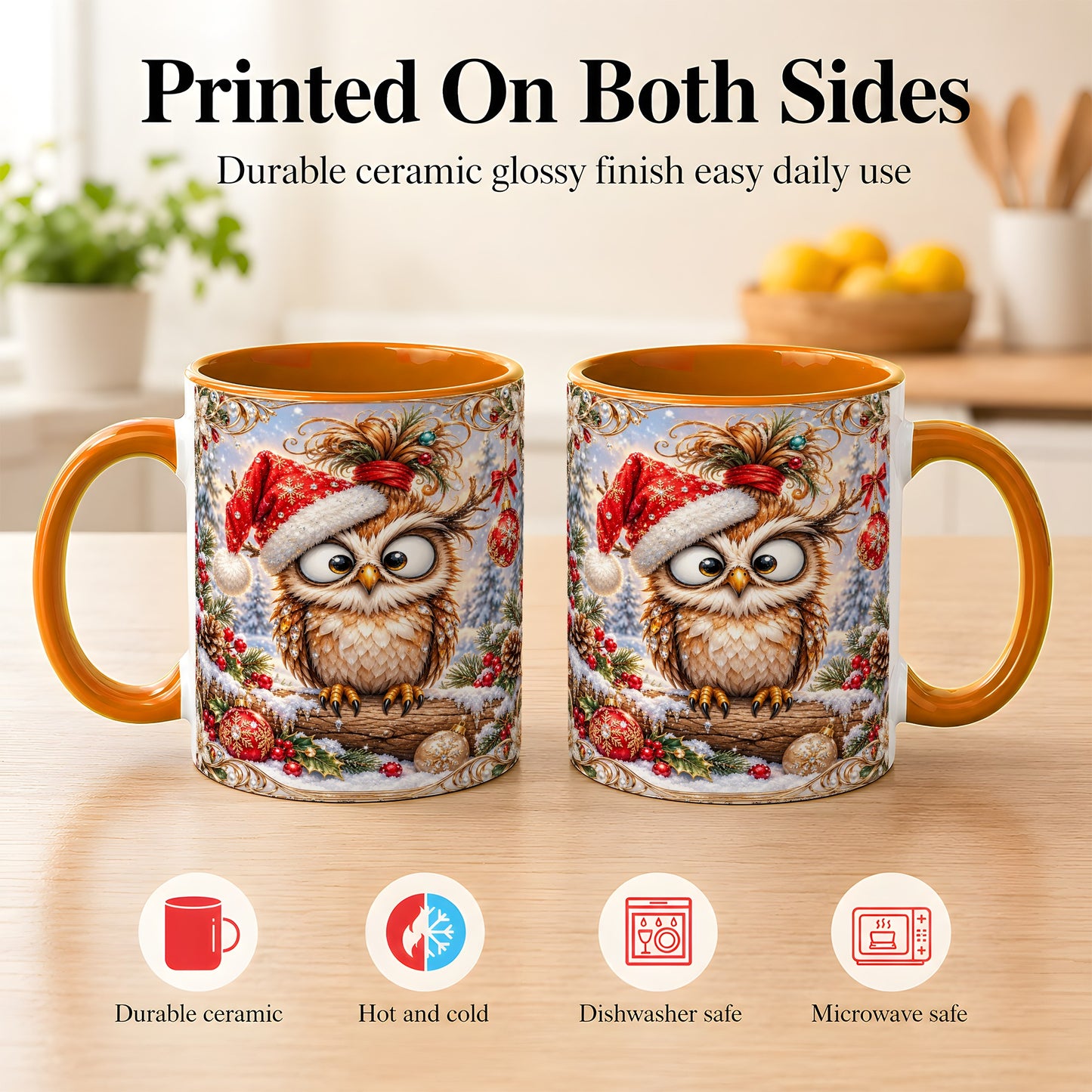 #pl[11oz|Orange] Christmas Owl Coffee Mug, Santa Hat Owl Mug, Ceramic Cup