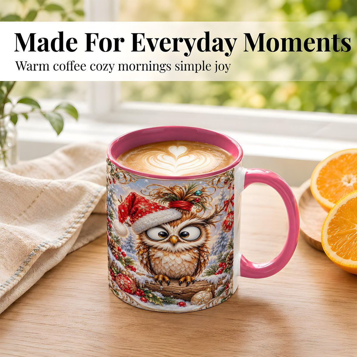 #pl[11oz|Pink] Christmas Owl Coffee Mug, Santa Hat Owl Mug, Ceramic Cup