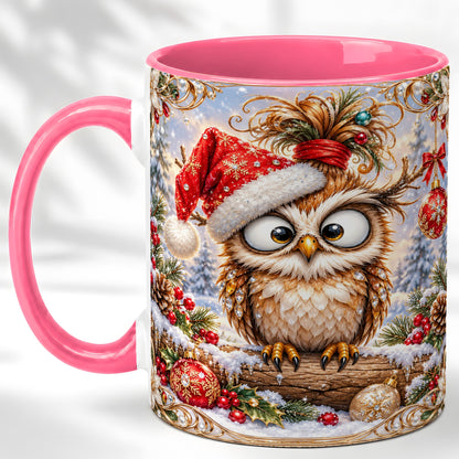 #pl[11oz|Pink] Christmas Owl Coffee Mug, Santa Hat Owl Mug, Ceramic Cup