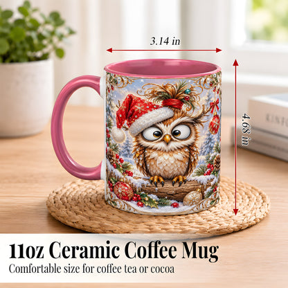 #pl[11oz|Pink] Christmas Owl Coffee Mug, Santa Hat Owl Mug, Ceramic Cup