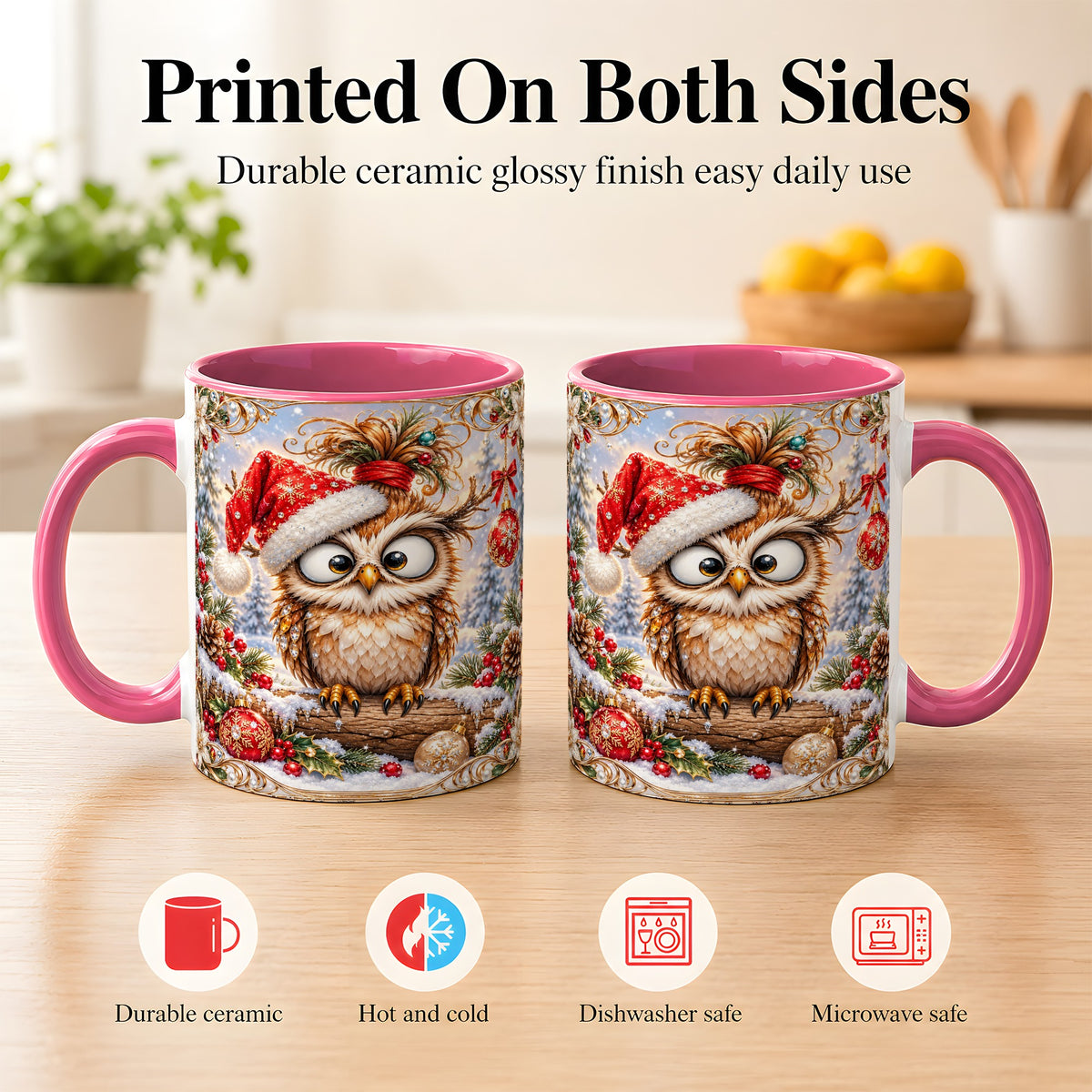 #pl[11oz|Pink] Christmas Owl Coffee Mug, Santa Hat Owl Mug, Ceramic Cup