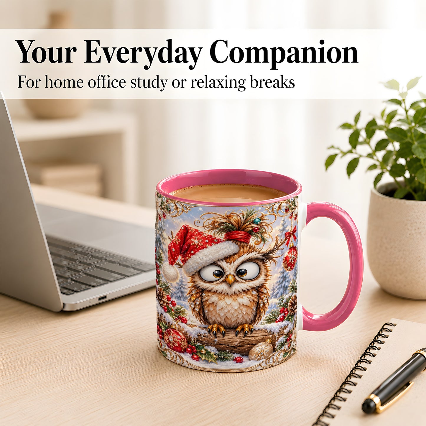 #pl[11oz|Pink] Christmas Owl Coffee Mug, Santa Hat Owl Mug, Ceramic Cup