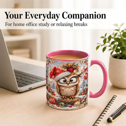 #pl[11oz|Pink] Christmas Owl Coffee Mug, Santa Hat Owl Mug, Ceramic Cup