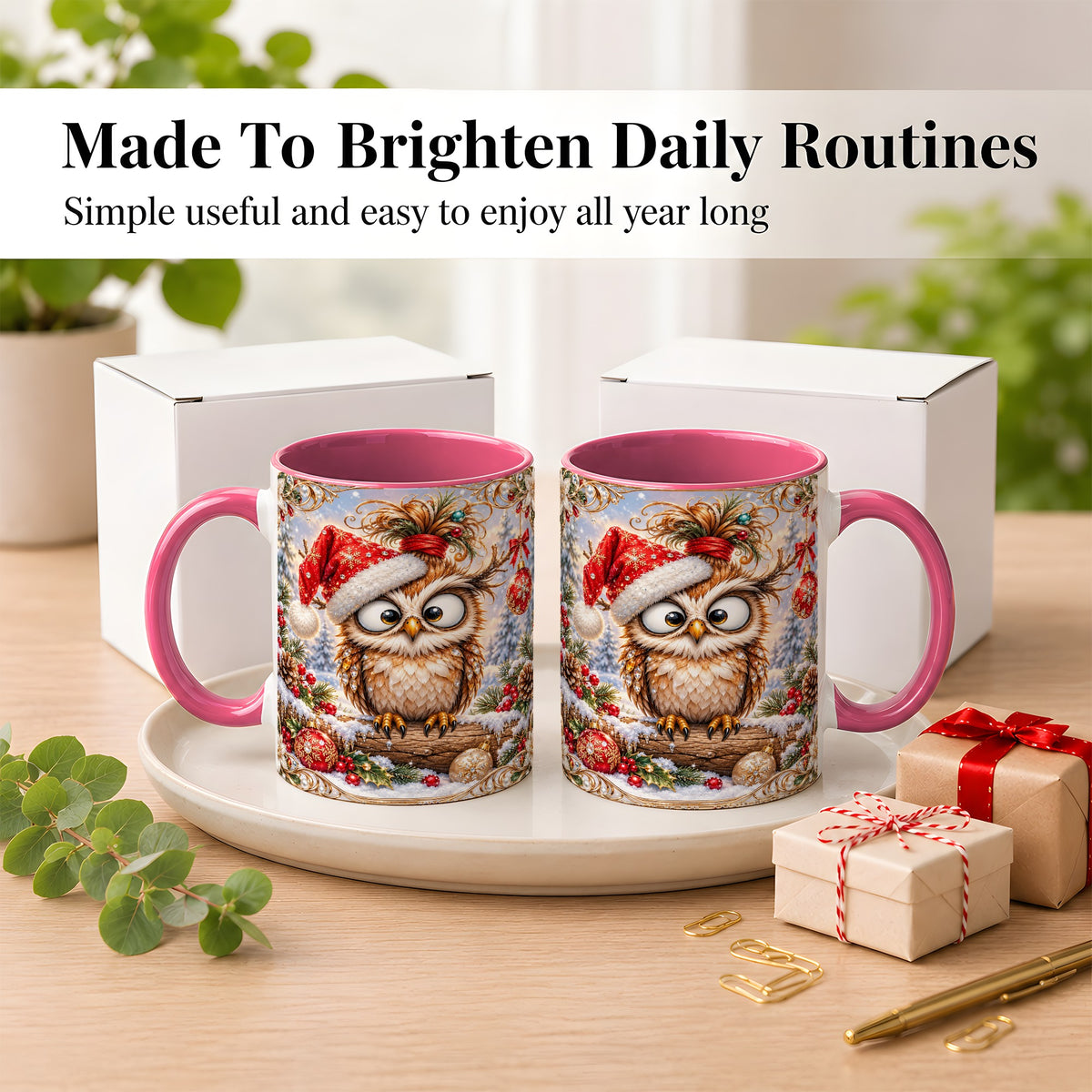 #pl[11oz|Pink] Christmas Owl Coffee Mug, Santa Hat Owl Mug, Ceramic Cup