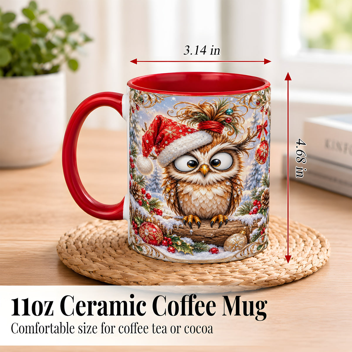 #pl[11oz|Red] Christmas Owl Coffee Mug, Santa Hat Owl Mug, Ceramic Cup
