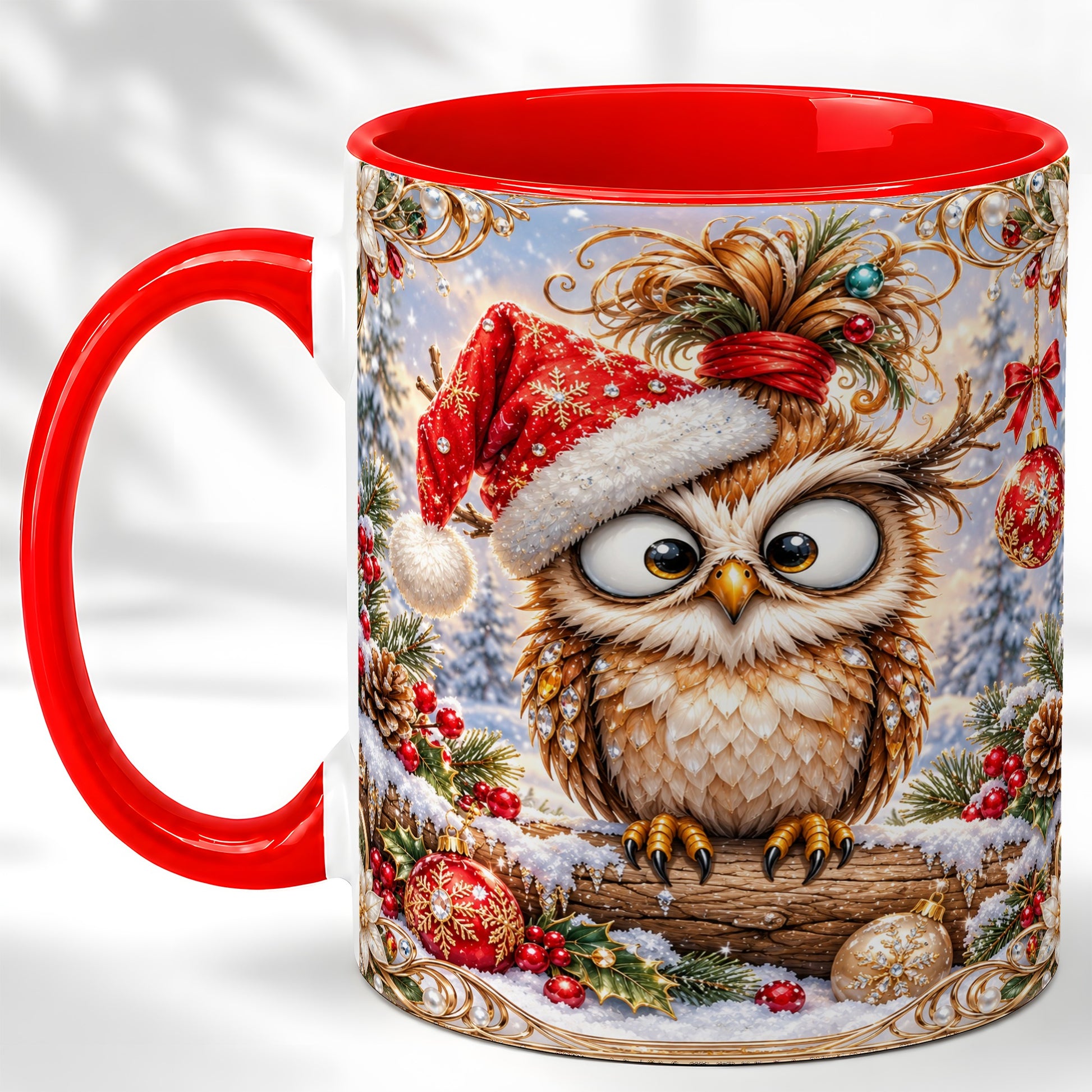 Christmas Owl Coffee Mug, Santa Hat Owl Mug, Ceramic Cup