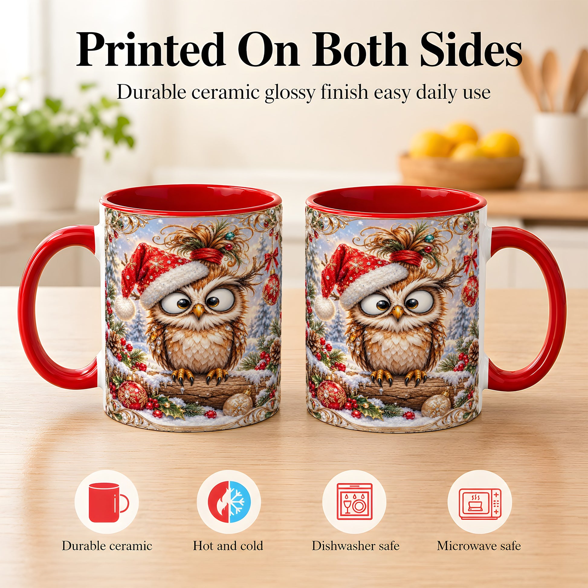 #pl[11oz|Red] Christmas Owl Coffee Mug, Santa Hat Owl Mug, Ceramic Cup